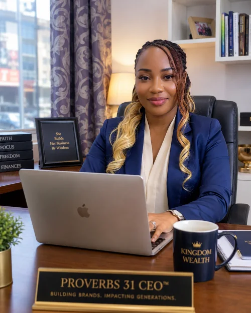 Doreen Moujaled working at her desk behind a Proverbs 31 CEO plaque