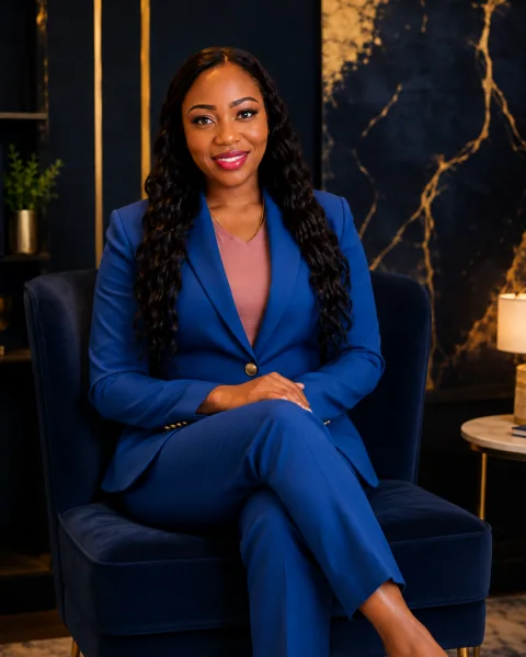 Doreen Moujaled seated in a navy suit in her navy-and-gold studio